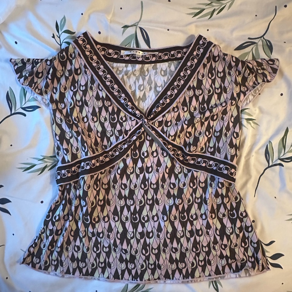 Boho Chic Pink and Brown Patterned Ruffle Top